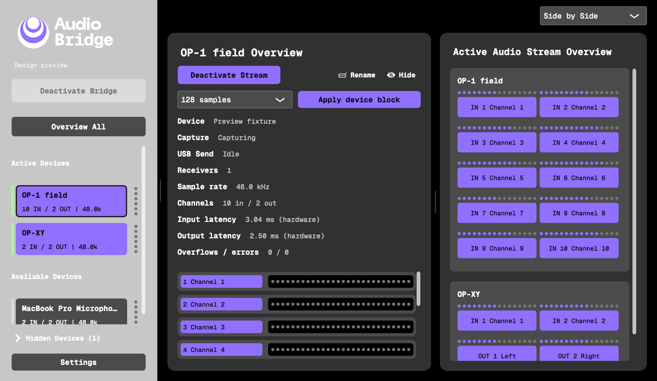 Audio Bridge desktop app showing USB devices, audio channels and active streams