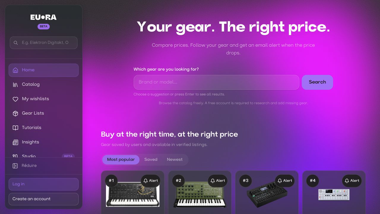 EURA music gear catalogue with synthesizers, prices and search